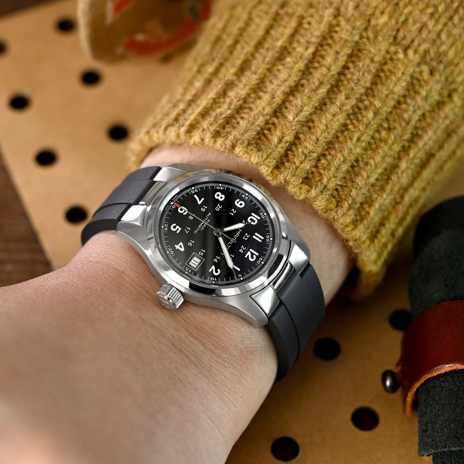 20mm Crafter Blue - MX03-733 Black FKM Rubber Strap With End Links compatible with Hamilton Khaki Field 38mm Strapcode watch bands