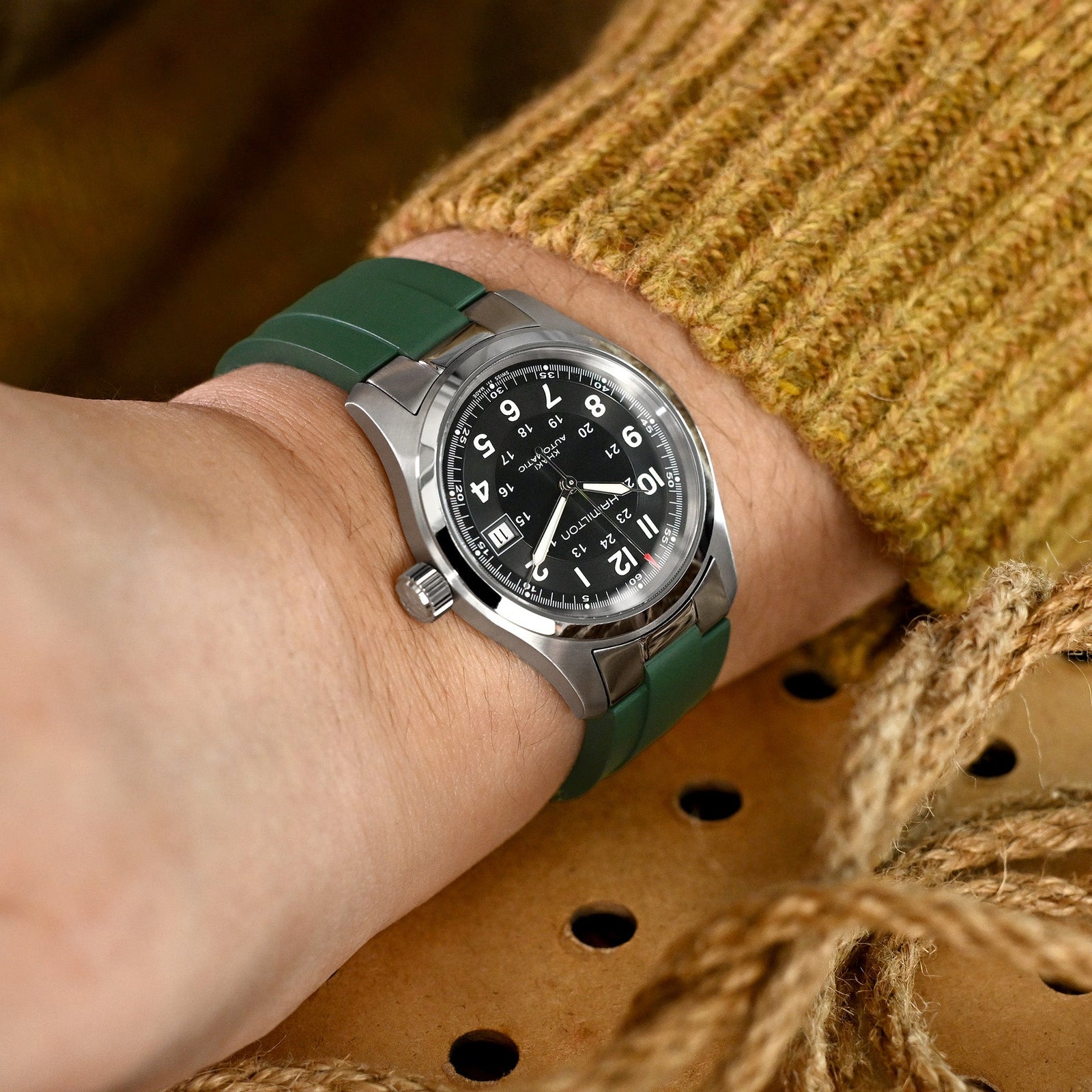 20mm Crafter Blue - MX03-733 Green FKM Rubber Strap With End Links compatible with Hamilton Khaki Field 38mm Strapcode watch bands