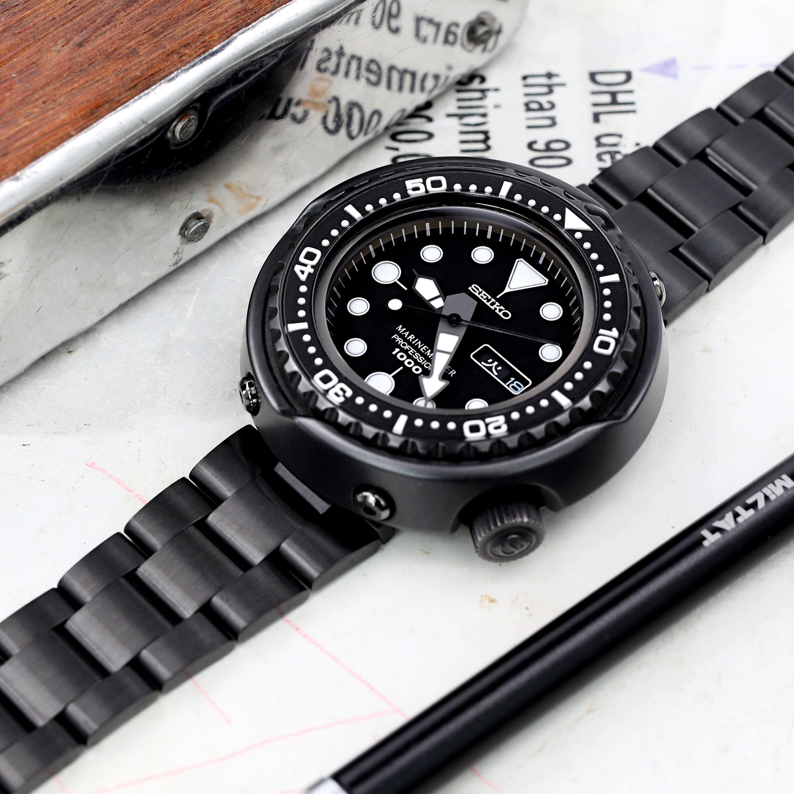 Bracelet Super-O Boyer 21,5mm compatible Seiko Tuna SBBN013, acier inoxydable 316L avec revêtement DLC (Diamond-like Carbon), boucle V.