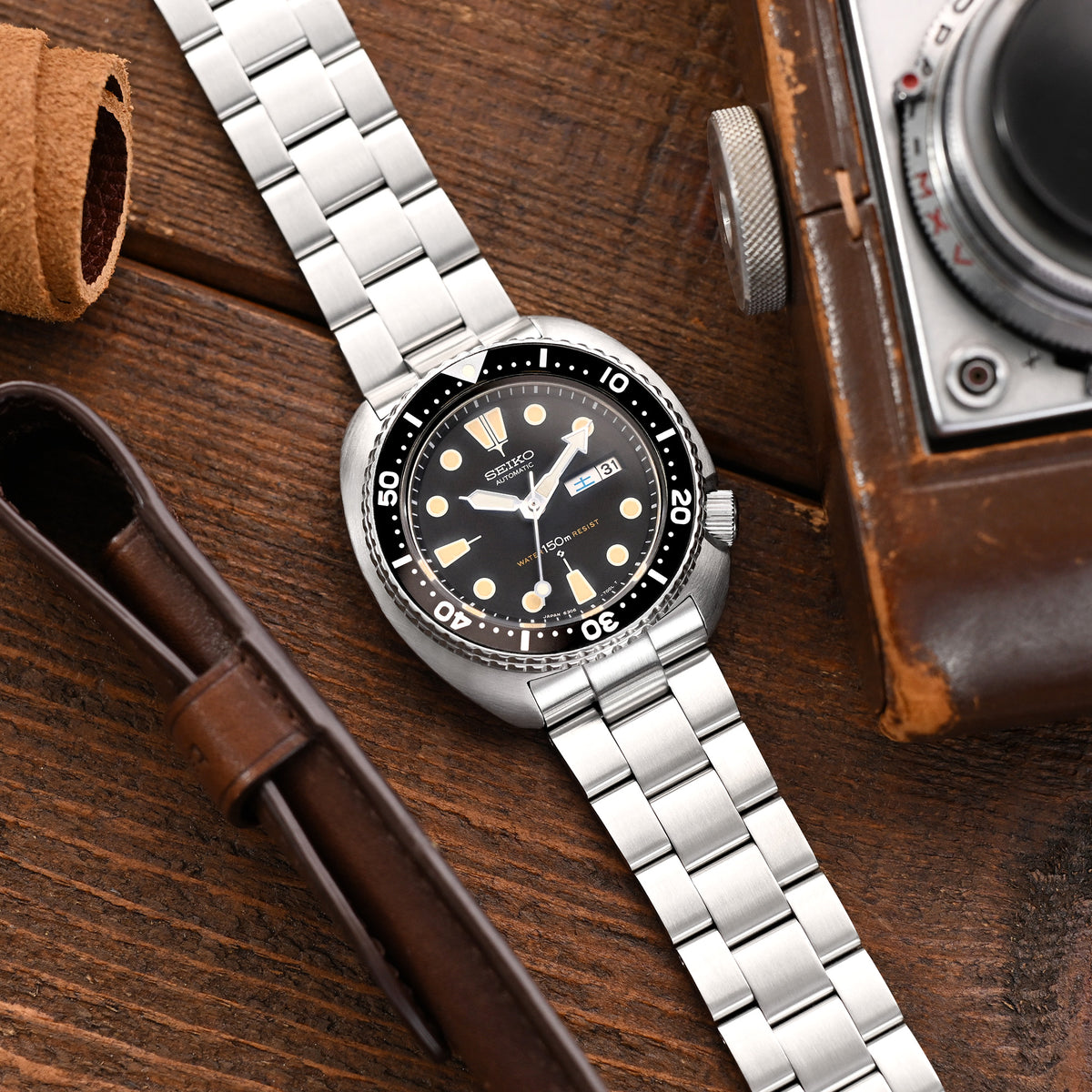 سوار ساعة سوبر-أو بوير 22 مم متوافق مع سيكو 6309-7040 و6306-7001، من الفولاذ المقاوم للصدأ 316L مع مشبك V مصقول