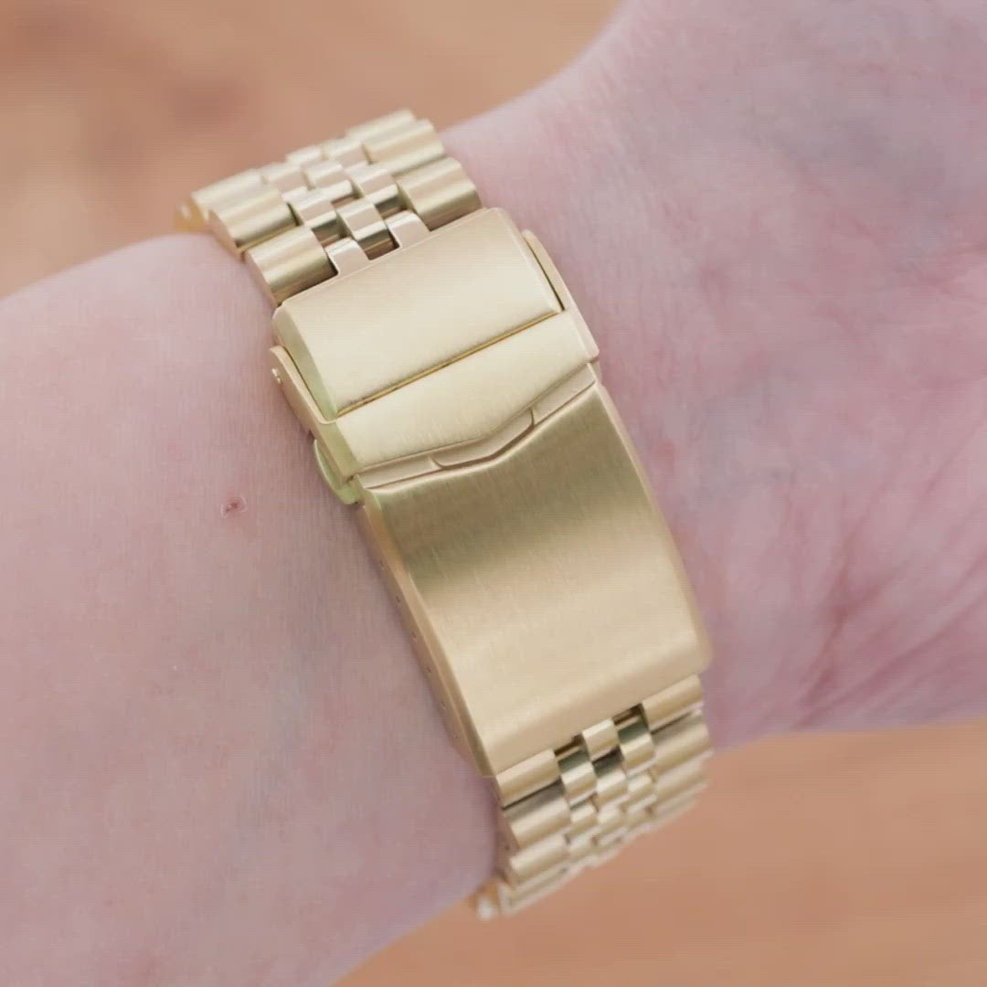 سوار ساعة 22 مم سوبر-J لويس JUB لساعات سيكو نيو تيرتلز SRP777 SRP775 SRPA21 (PADI)، ستانلس ستيل - طلاء ذهبي كامل، وصلات وسط لامعة، مشبك غطس V