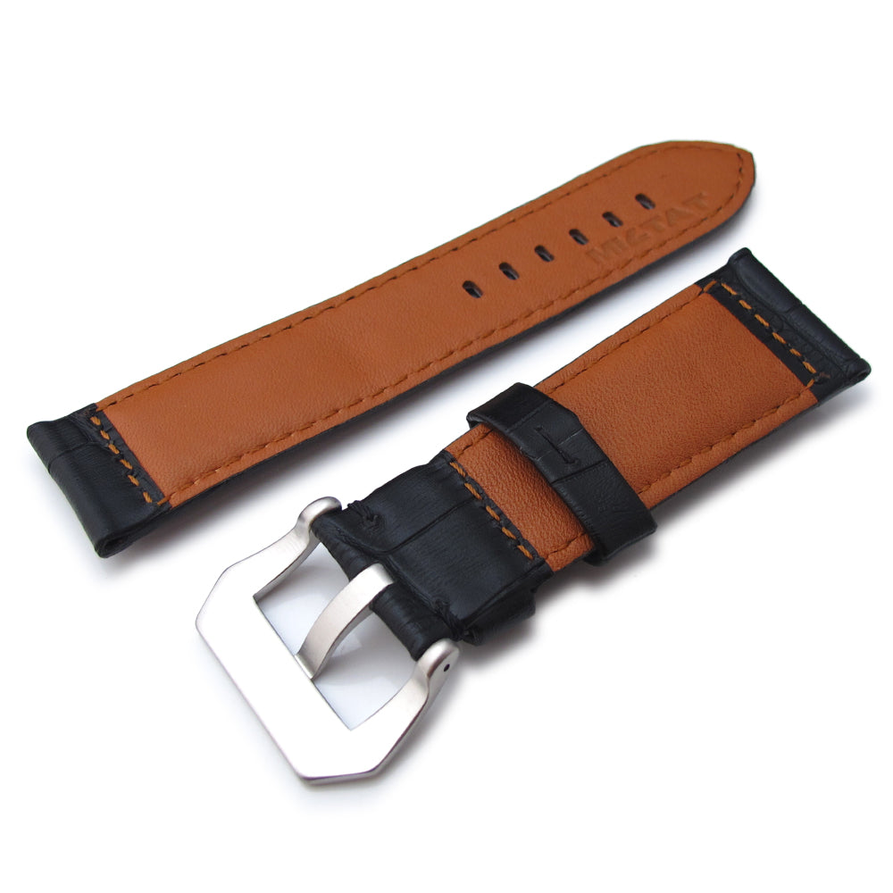 24mm CrocoCalf (Croco Grain) Matte Black Watch Strap with Black Stitches Strapcode Watch Bands