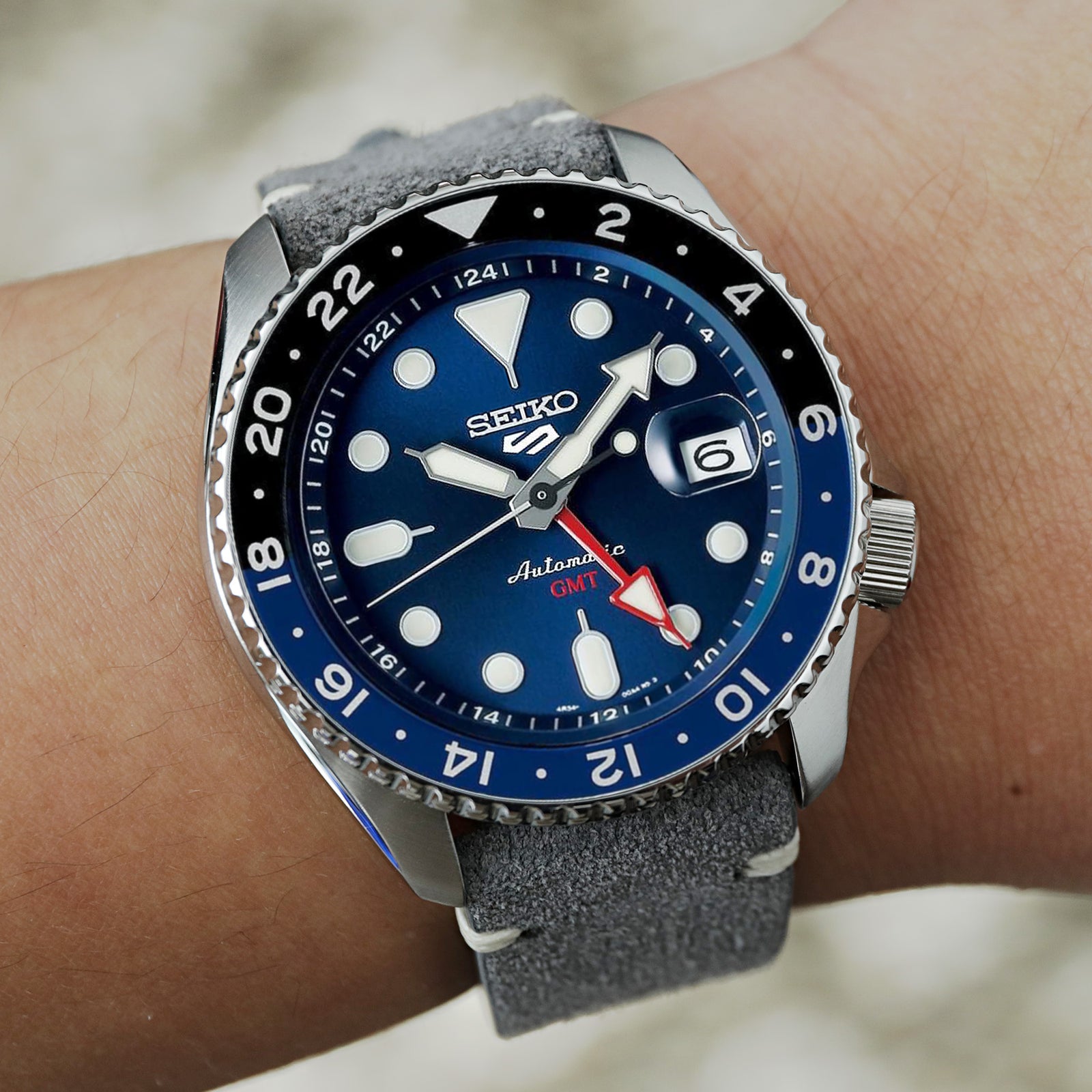 Seiko GMT SSK003K1 Blue on Grey Suede Leather watch strap by Strapcode