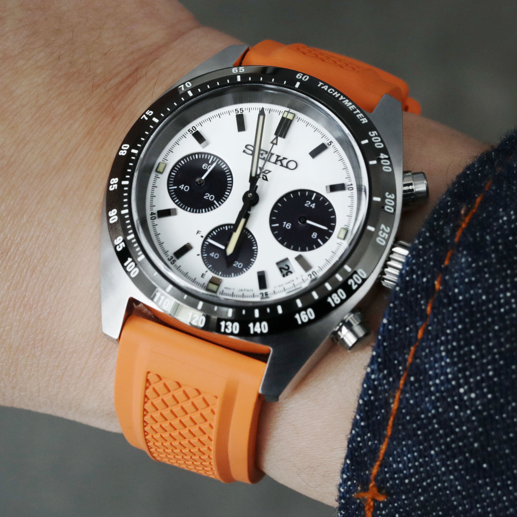 Seiko Speedtimer Panda chronograph SSC813 White Seitona rubber watch band by Strapcode