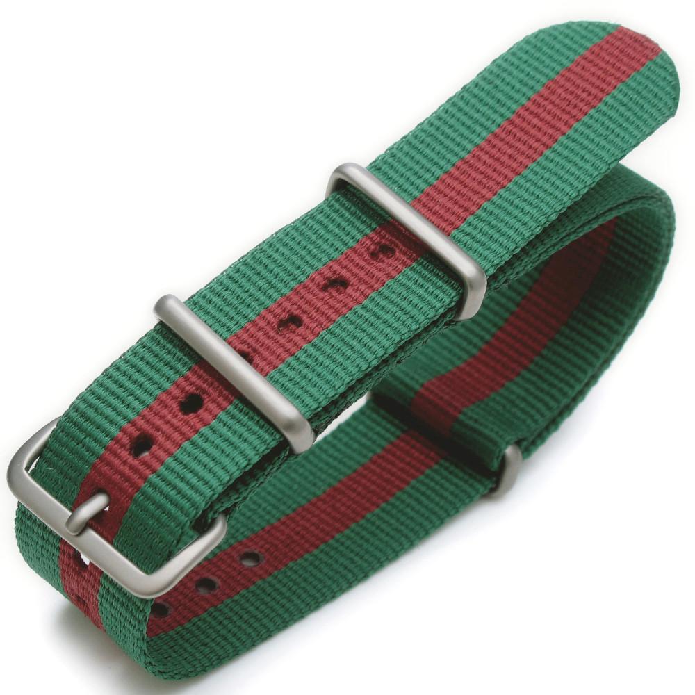 20mm or 22mm G10 Nato James Bond Heavy Nylon Strap Brushed J07 Green-Red-Green (Portugal) Strapcode Watch Bands