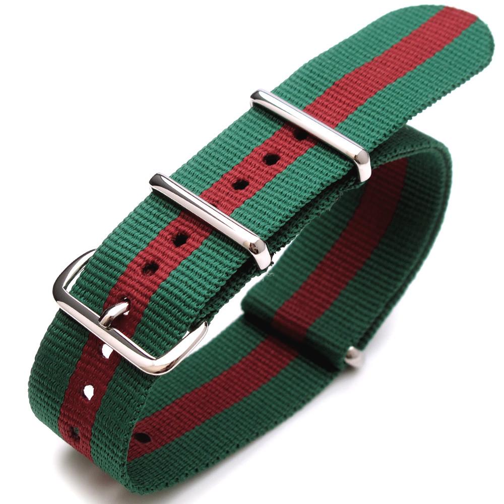 22mm G10 Nato James Bond Heavy Nylon Strap Polished Green-Red-Green (Portugal) Strapcode Watch Bands