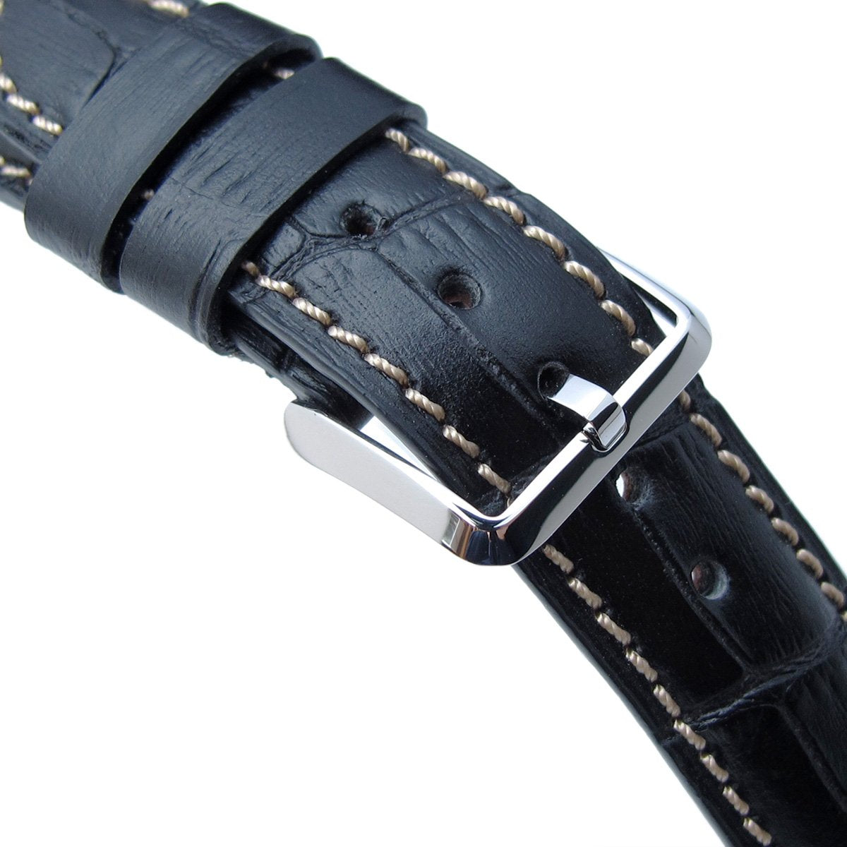 20mm or 22mm CrocoCalf (Croco Grain) Matte Black Semi-Curved Watch strap Beige Stitching Polished Buckle Strapcode Watch Bands