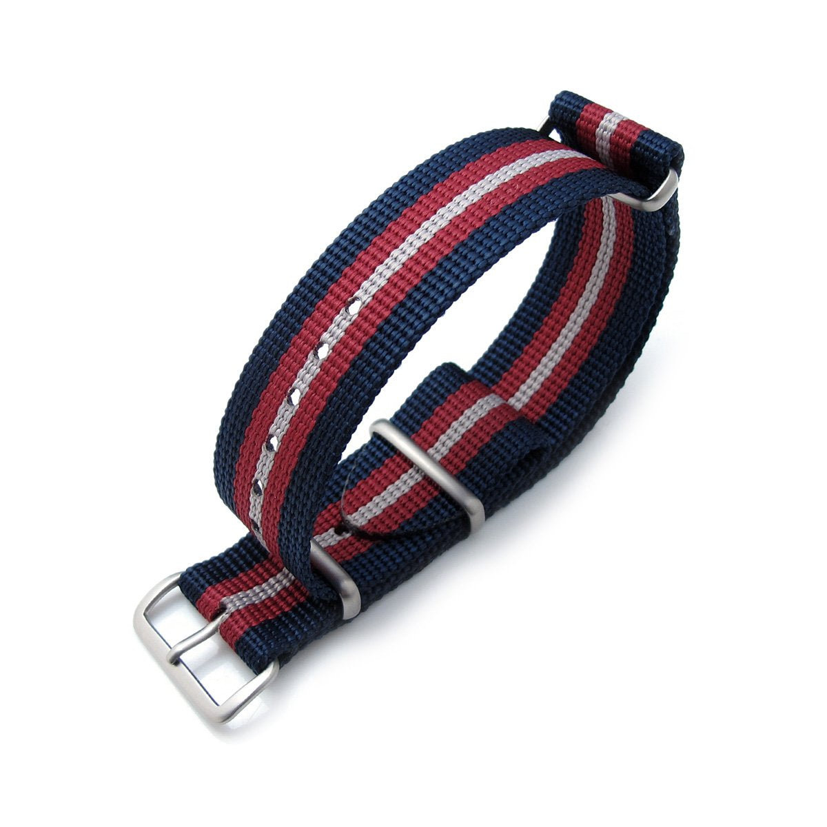 MiLTAT 20mm 21mm or 22mm G10 NATO Bullet Tail Watch Strap Ballistic Nylon Brushed Blue Red &amp; Grey Stripes Strapcode Watch Bands