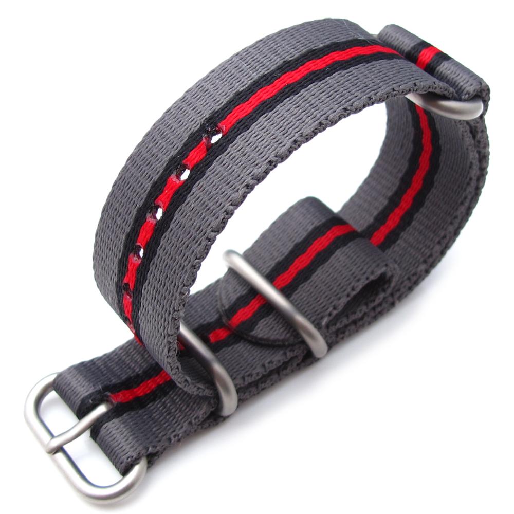 MiLTAT 20mm 22mm or 24mm 3 Rings Zulu JB military watch strap ballistic nylon armband Grey Black &amp; Red Brushed Hardware Strapcode Watch Bands