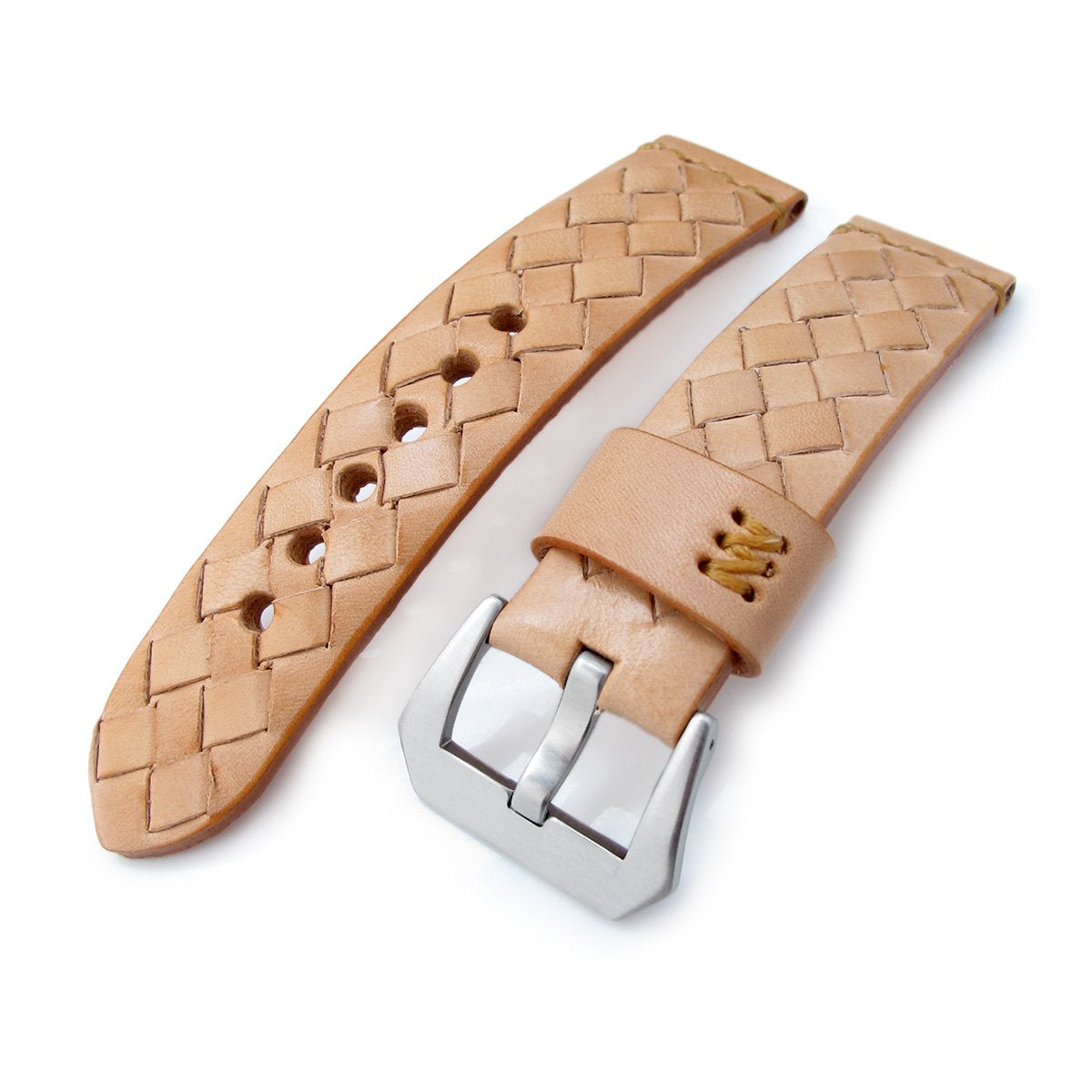 MiLTAT Zizz Collection 22mm Braided Calf Leather Watch Strap LV Beige Tan Stitches Strapcode Watch Bands