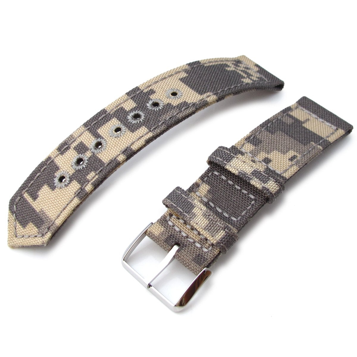 20mm 21mm or 22mm MiLTAT WW2 2-piece Beige Camouflage Cordura 1000D Watch Band with lockstitch round hole Polished Strapcode Watch Bands