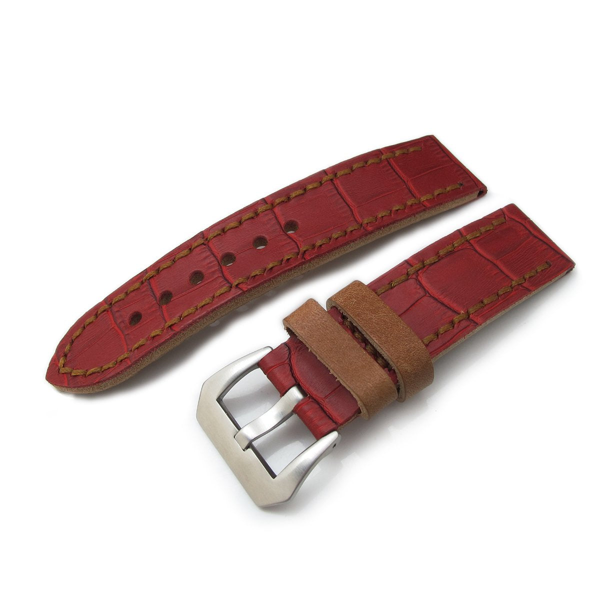 22mm MiLTAT Antipode Watch Strap Matte Red CrocoCalf in Tan Hand Stitches Strapcode Watch Bands