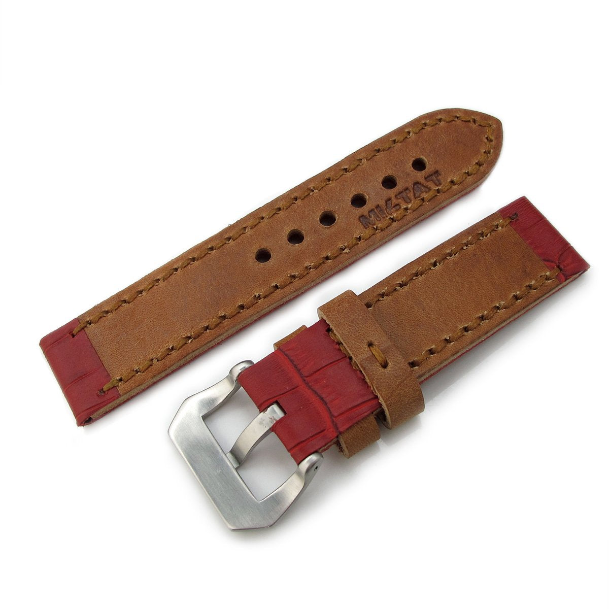 22mm MiLTAT Antipode Watch Strap Matte Red CrocoCalf in Tan Hand Stitches Strapcode Watch Bands