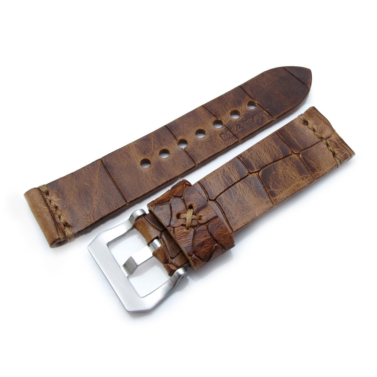 MiLTAT Zizz Collection 24mm Cracked Croco Middle Brown Watch Strap Brown Stitching Strapcode Watch Bands