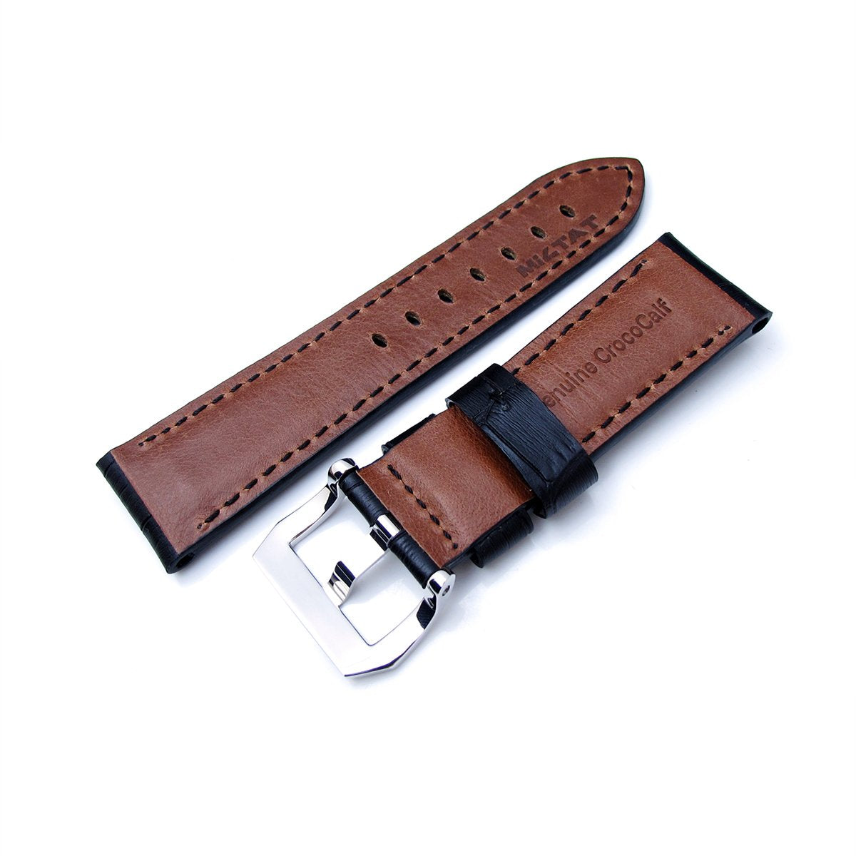 24mm CrocoCalf (Croco Grain) Matte Black Watch Strap with Black Stitches Polished Screw-in Buckle Strapcode Watch Bands