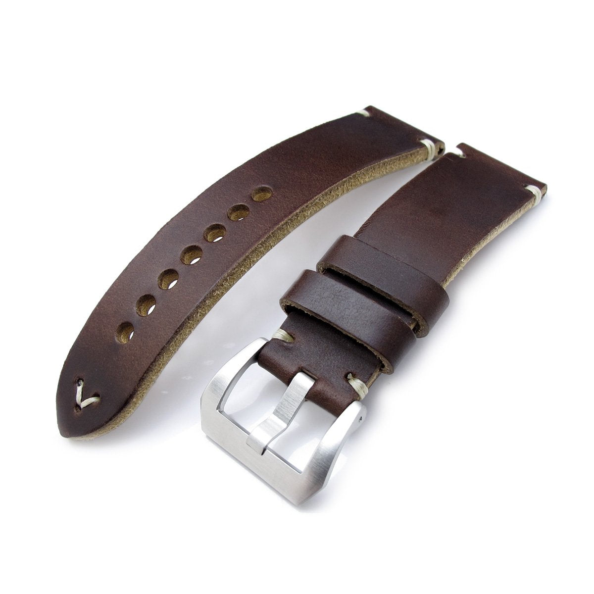 24mm MiLTAT Horween Chromexcel Watch Strap Matte Brown Beige Stitching Strapcode Watch Bands