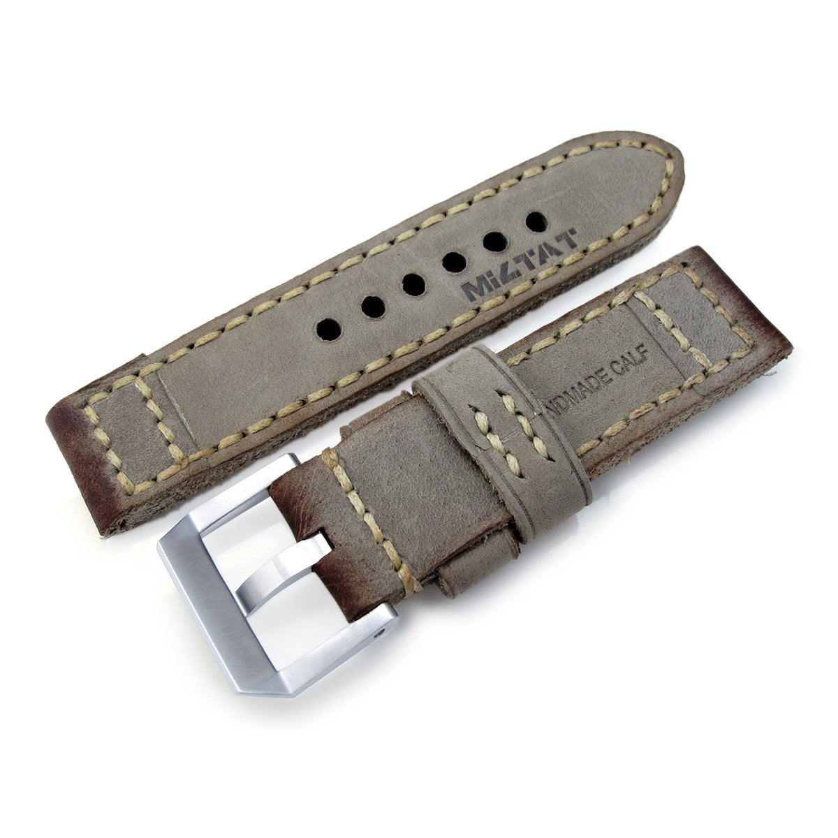 24mm MiLTAT Handmade Vintage Calf Leather Watch Band Hand Painted Grey Hand Stitches Strapcode Watch Bands