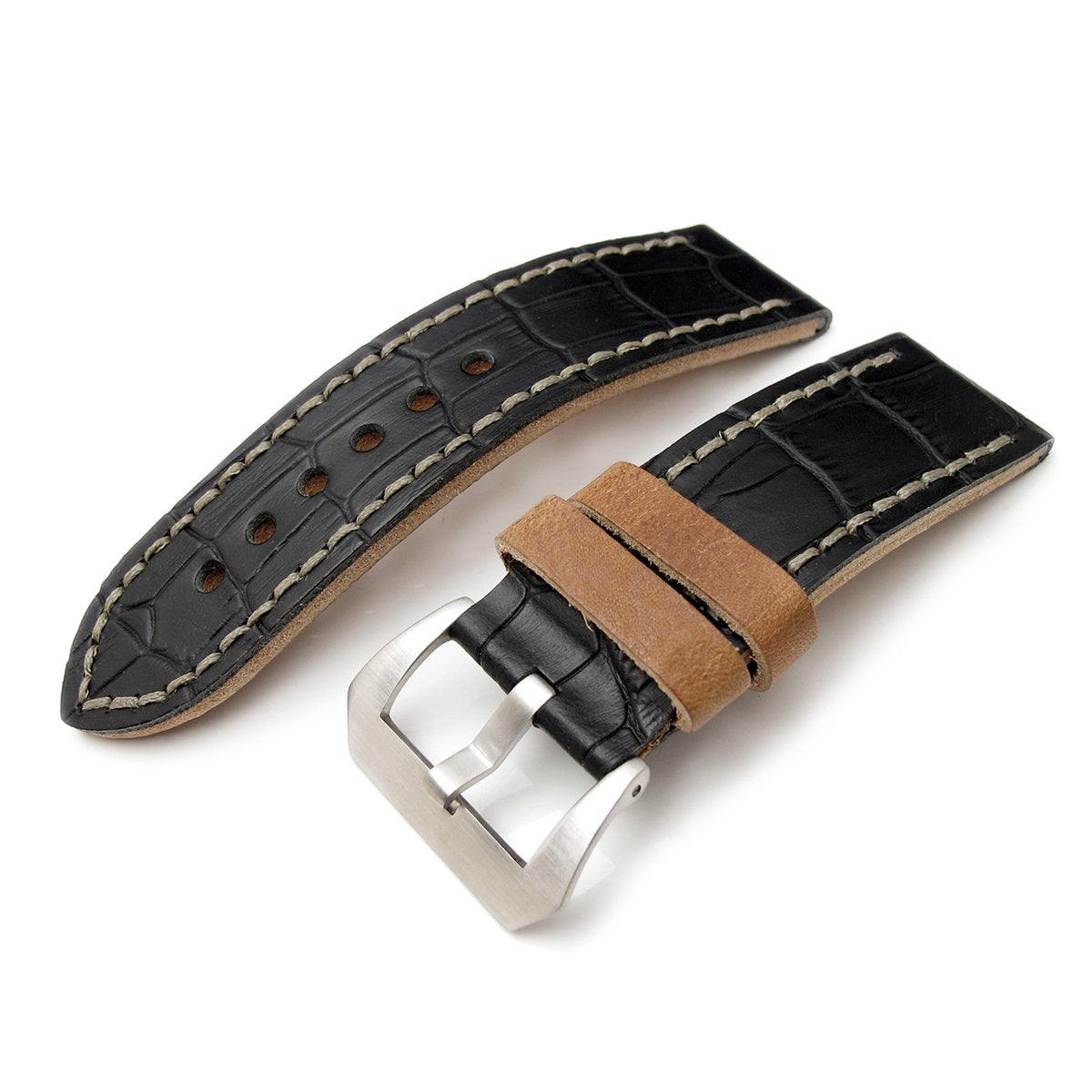 26mm MiLTAT Antipode Watch Strap Matte Black CrocoCalf in Grey Hand Stitches Strapcode Watch Bands