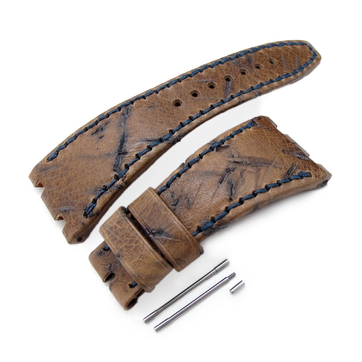 Heavy Scratch Brown Leather of Art Watch Strap Dark Navy Wax thread custom made for Audemars Piguet Royal Oak Offshore Strapcode Watch Bands