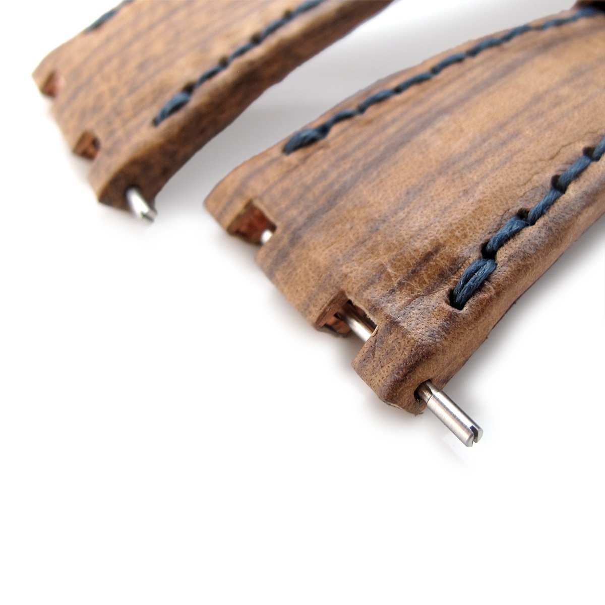 Brown Oak Wood Leather of Art Watch Strap Wax thread Dark Navy Stitching custom made for Audemars Piguet Royal Oak Offshore Strapcode Watch Bands