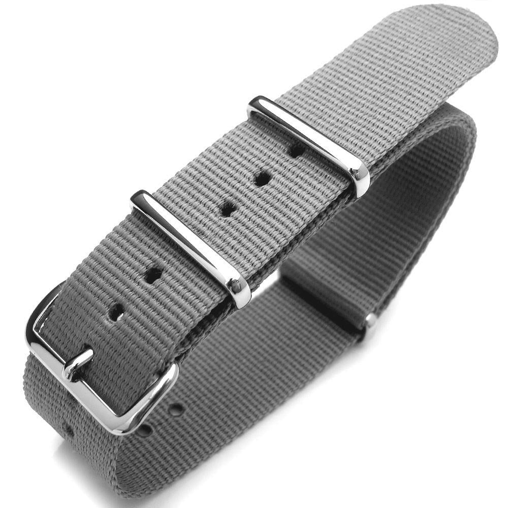 Nato 20mm or 22mm Heat Sealed Heavy Nylon Polished Buckle Light M. Grey Strapcode Watch Bands