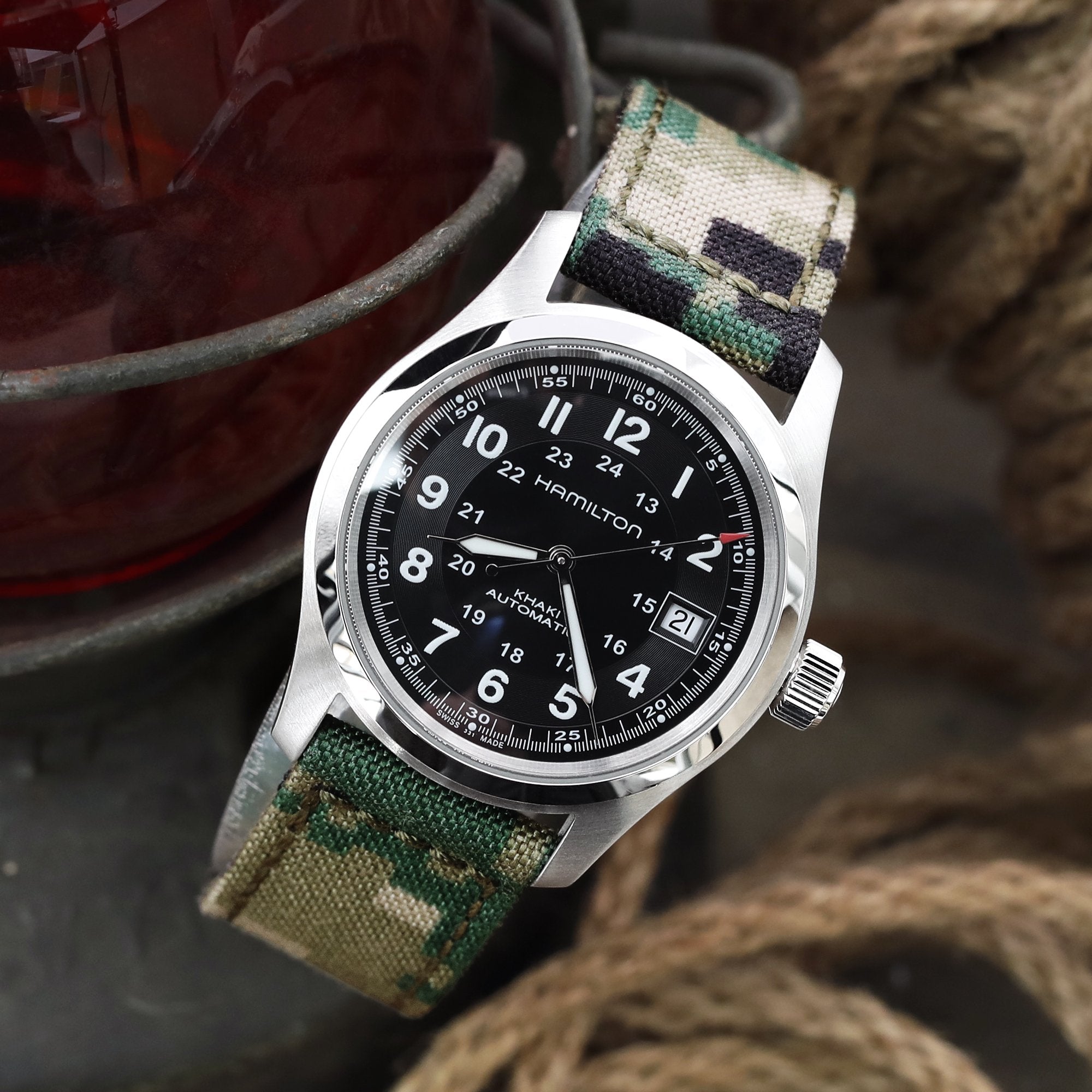 Hamilton Khaki Field Automatic 38mm Men Watch H70455733 on 20mm Camo Nylon Strapcode Watch Bands
