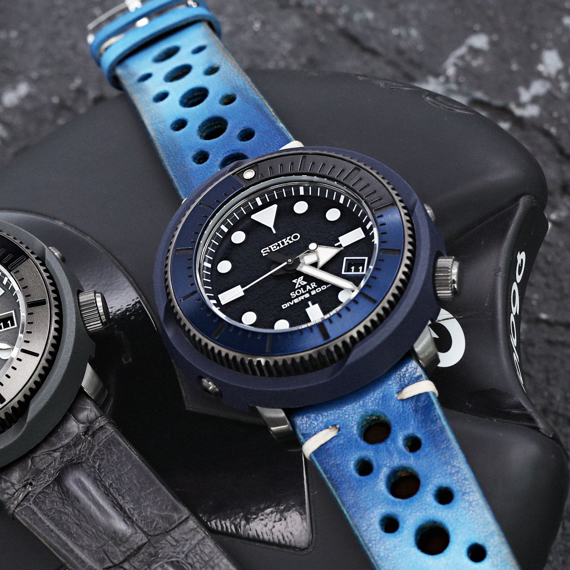 20mm or 22mm MiLTAT Italian Handmade Racer Vintage Blue Watch Strap White Stitching Strapcode Watch Bands