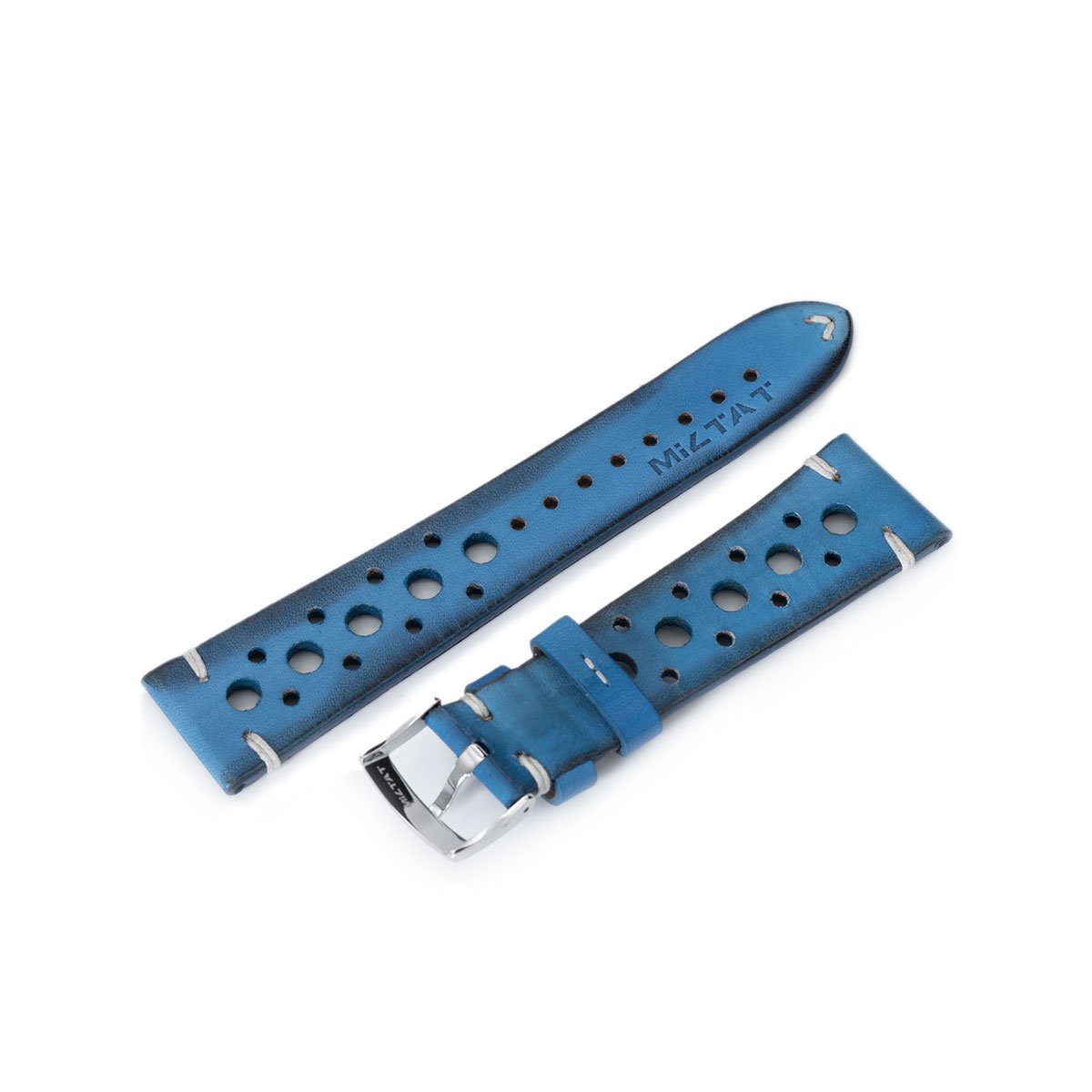 20mm or 22mm MiLTAT Italian Handmade Racer Vintage Blue Watch Strap White Stitching Strapcode Watch Bands