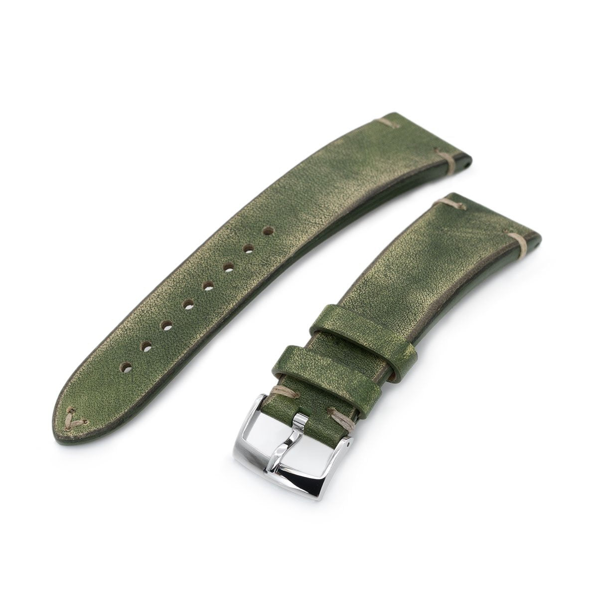 22mm MiLTAT Italian Handmade Brushed Green Watch Strap Khaki Stitching Strapcode Watch Bands