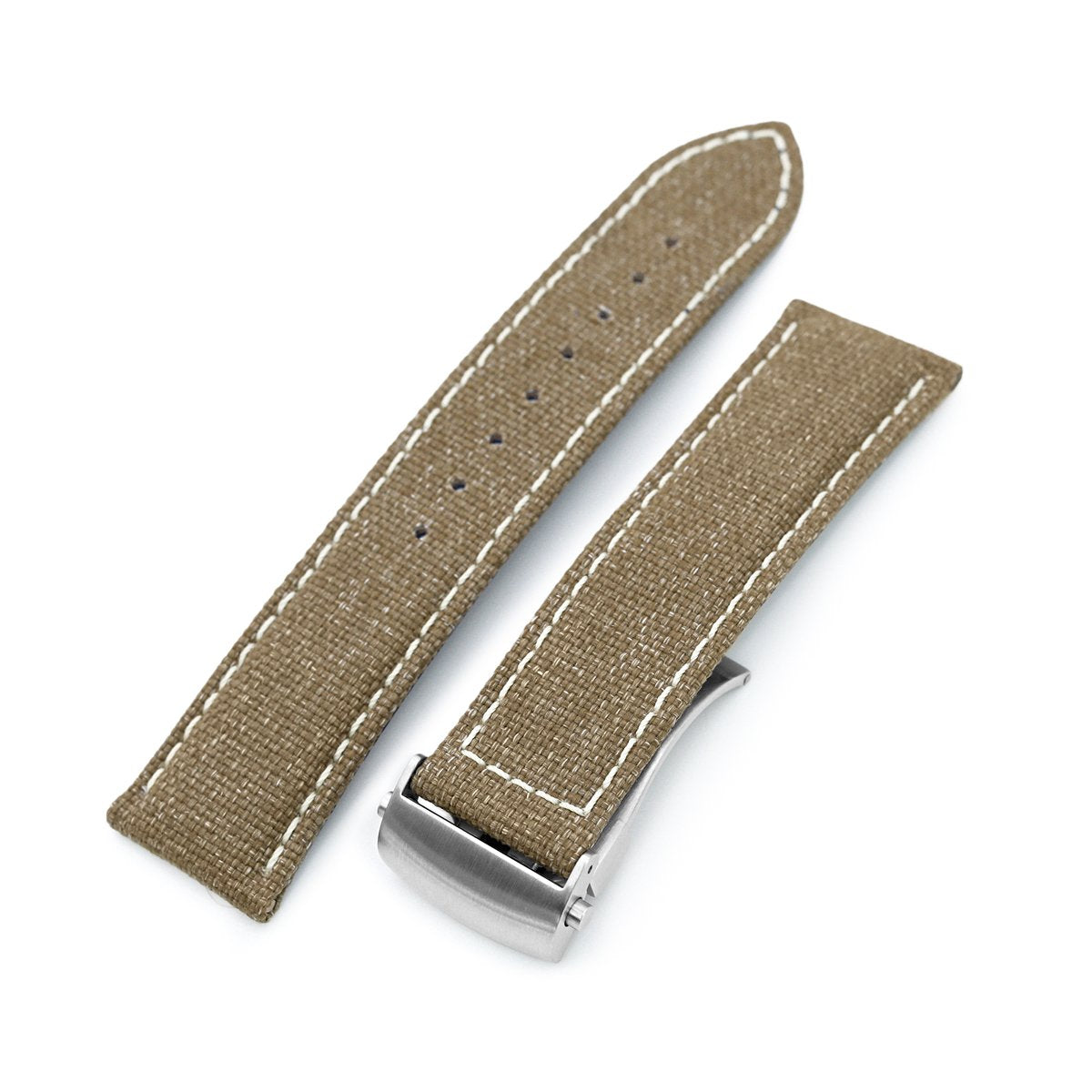 20mm or 22mm Khaki Canvas Watch Band Brushed Roller Deployant Buckle Beige Stitching Strapcode Watch Bands