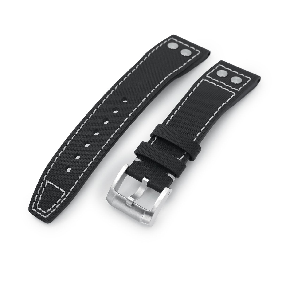 20mm to 23mm Pilot Black Woven Texture Rivet Lug Watch Strap Beige Stitching Brushed Strapcode Watch Bands