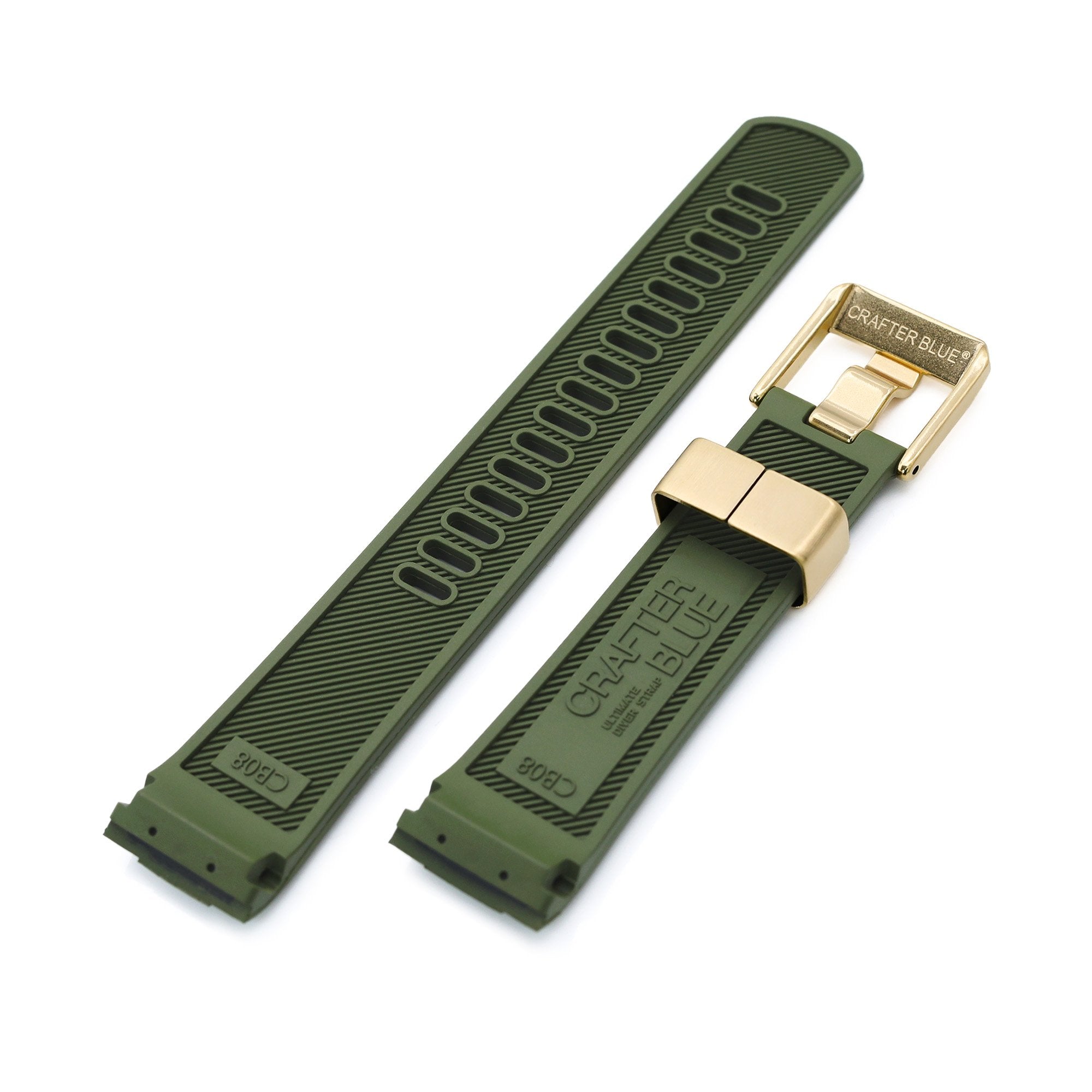 Crafter Blue 22mm Curved Lug End Military Green Rubber Dive Watch Strap for Seiko Gold Turtle SRPC44 IP Gold Buckle Strapcode Watch Bands
