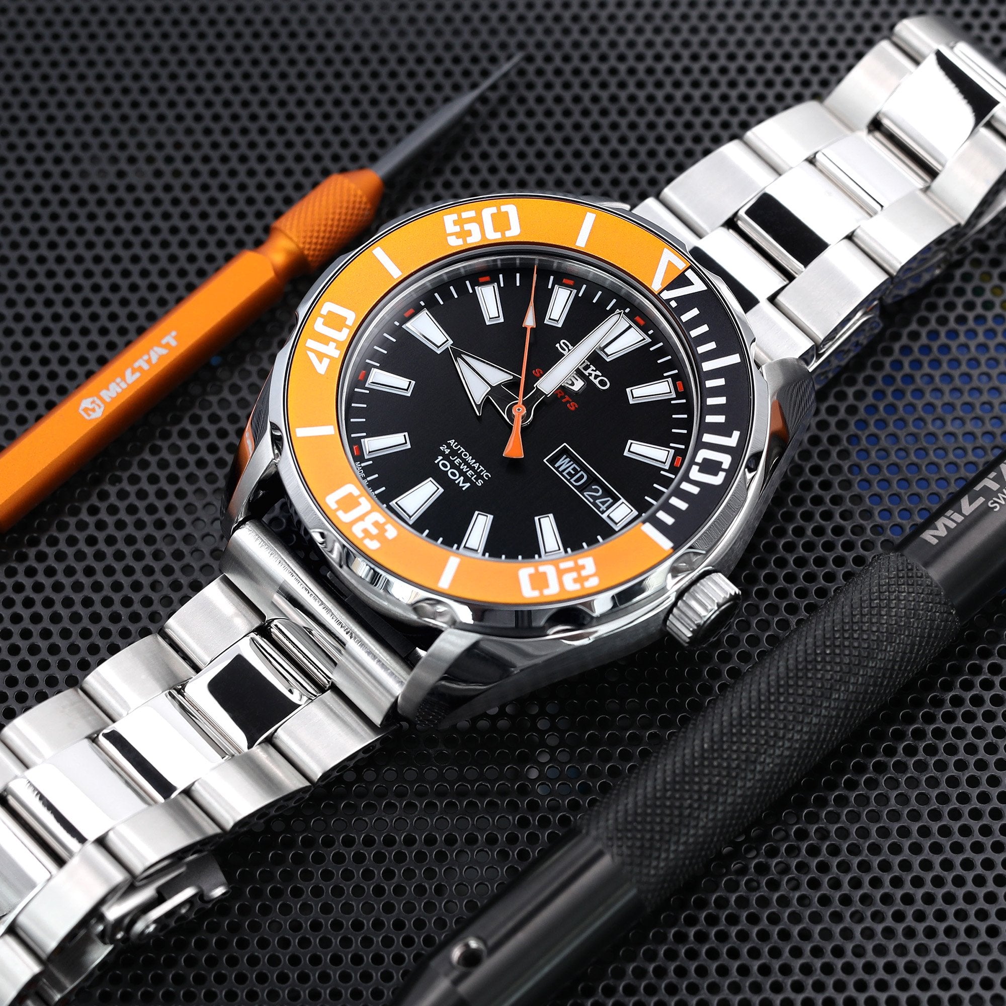 Seiko 5 Sports Watch SRPC59J1 Orange Black 100M Automatic watch MADE in JAPAN Strapcode Watch Bands