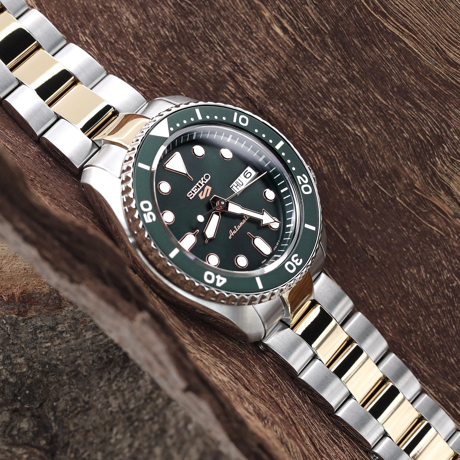 22mm Super-O Boyer 316L Stainless Steel Watch Bracelet for Seiko 5 Two Tone Brushed with IP Gold Center SUB Clasp Strapcode Watch Bands