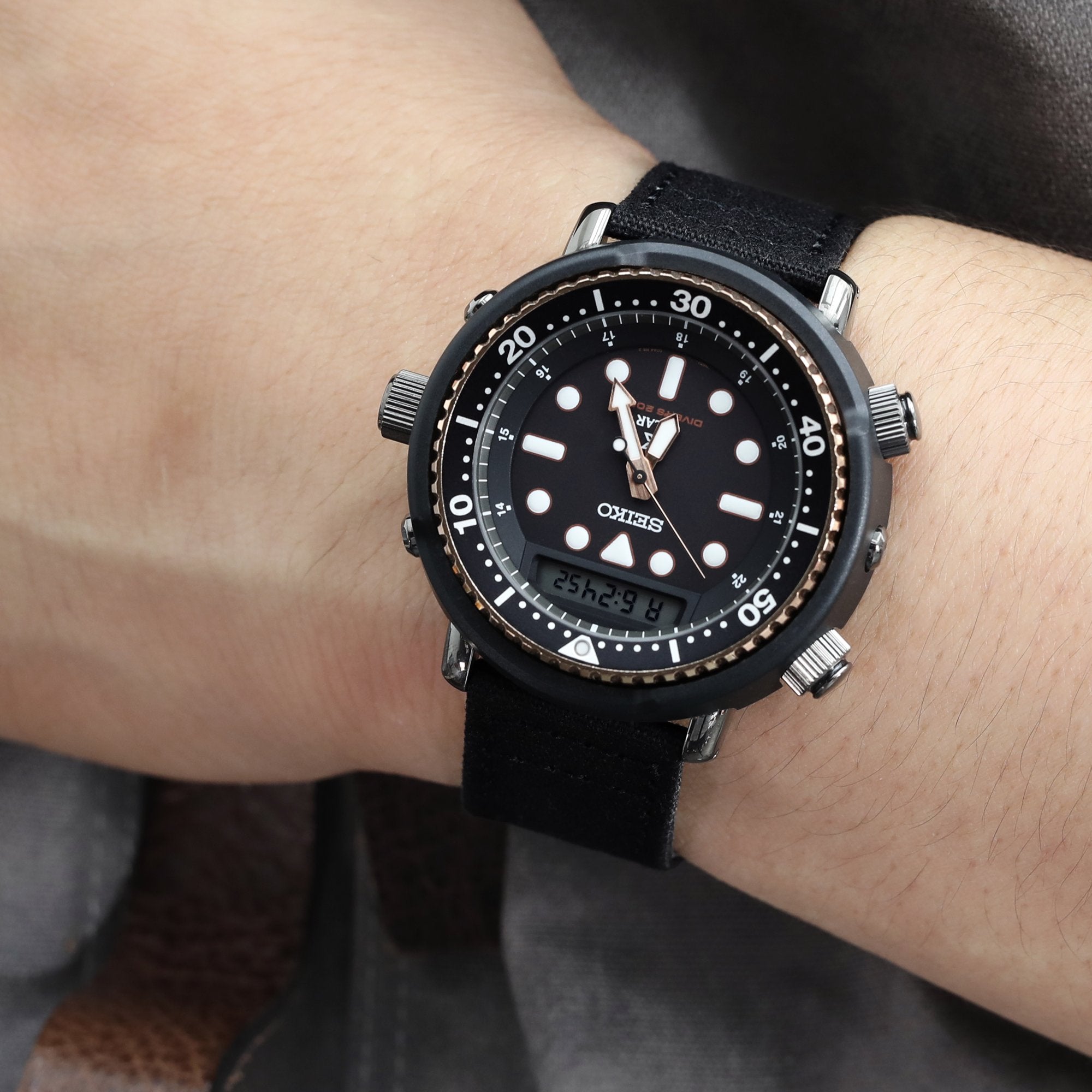 Seiko Prospex Arnie Re-Issue Solar Hybrid Black Gold LCD Watch SNJ028P1 Strapcode Watch Bands