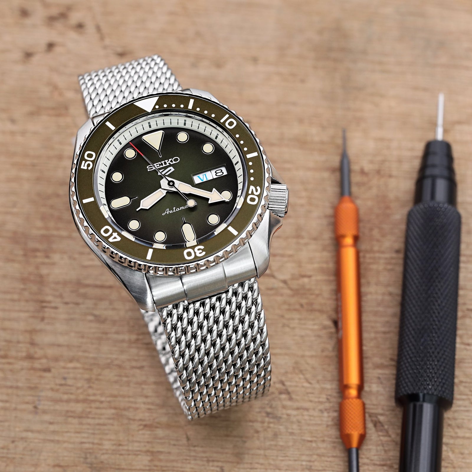 Curved End Massy Mesh Watch Band for Seiko 5 - 5S V-Clasp Brushed Strapcode Watch Bands