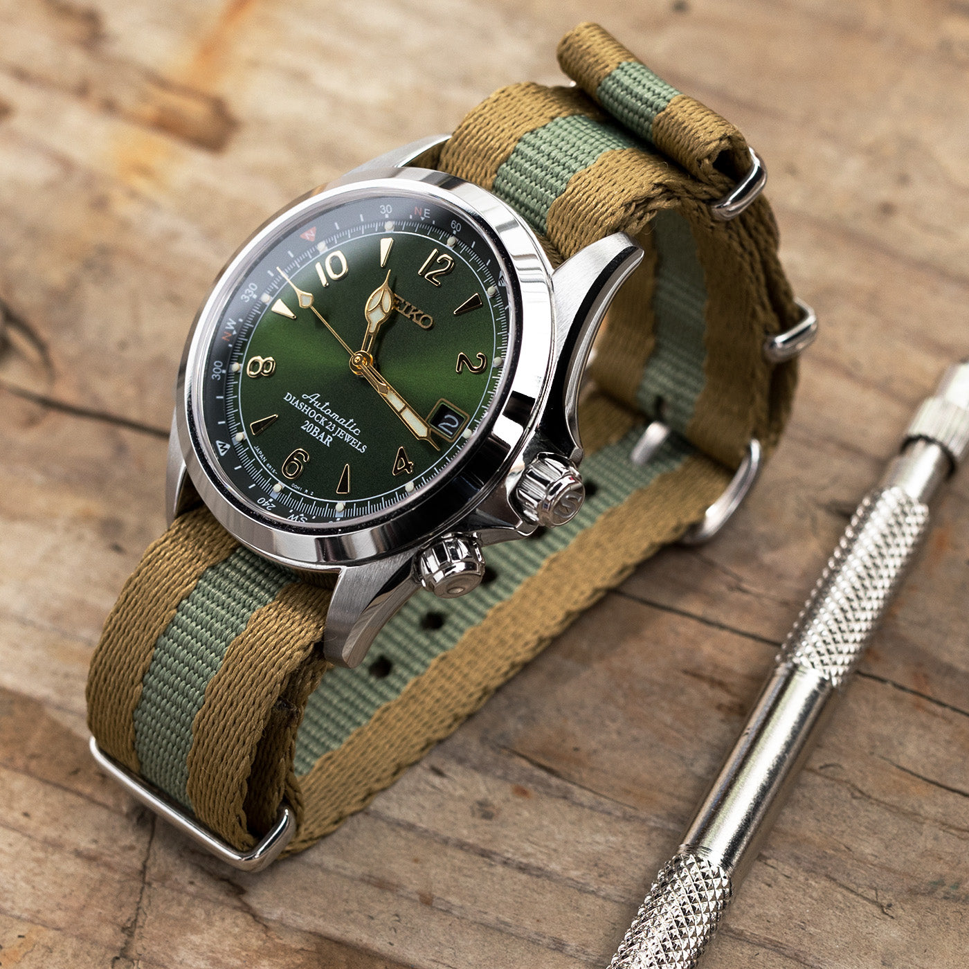 Seiko Alpinist SARB017 Green NATO strap by Strapcode watch bands