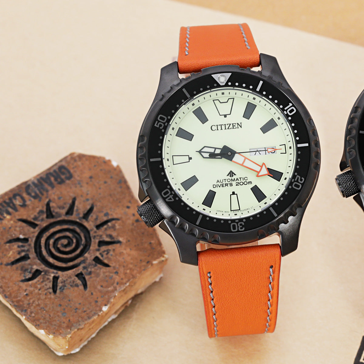 Q.R. 20mm Orange Tapered Leather Watch Band, Light Grey Stitching + Zermatt Strapcode Watch Bands