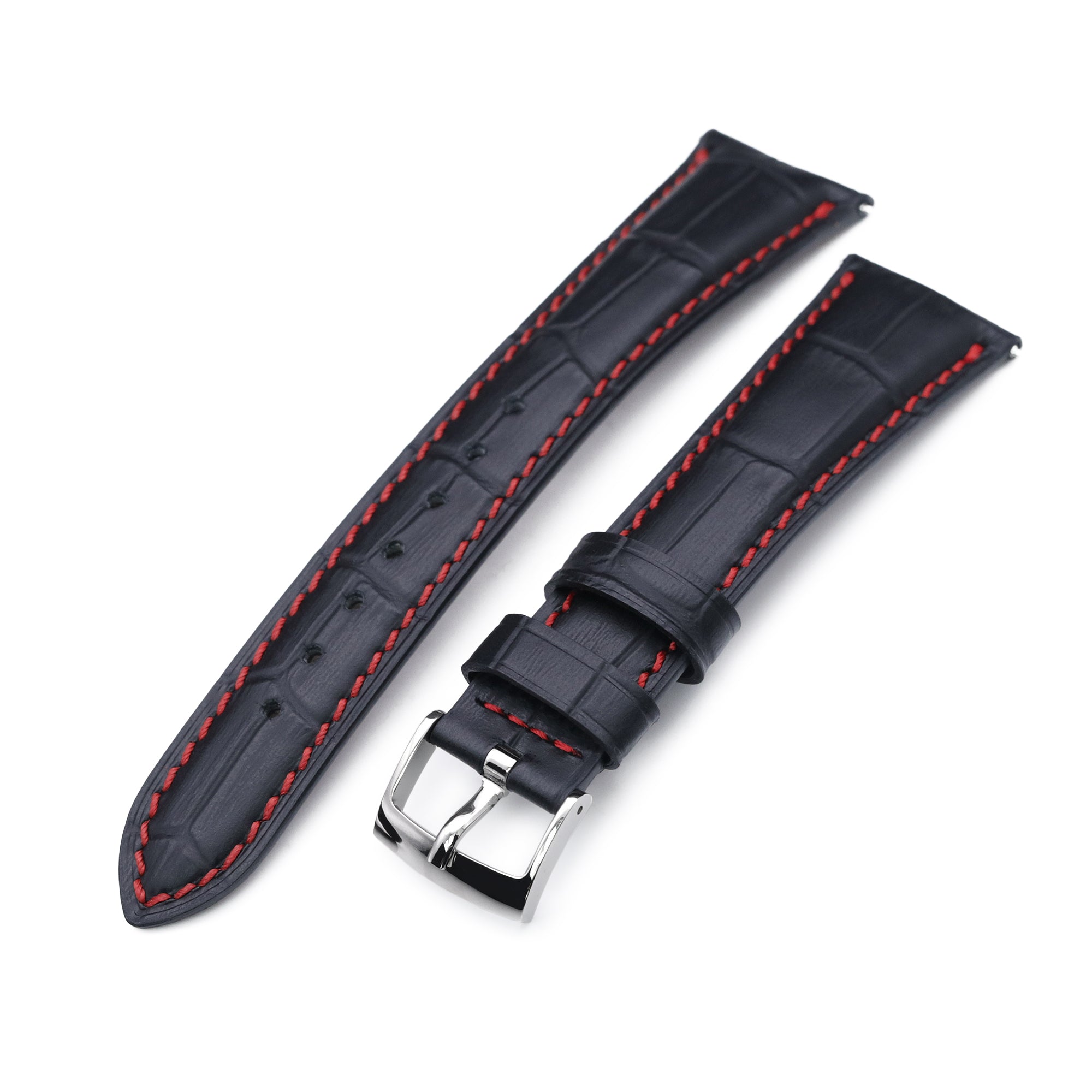 Q.R. 19mm or 21mm Black CrocoCalf (Croco Grain) Semi-Curved Watch Band, Red Stitch. Strapcode Watch Bands