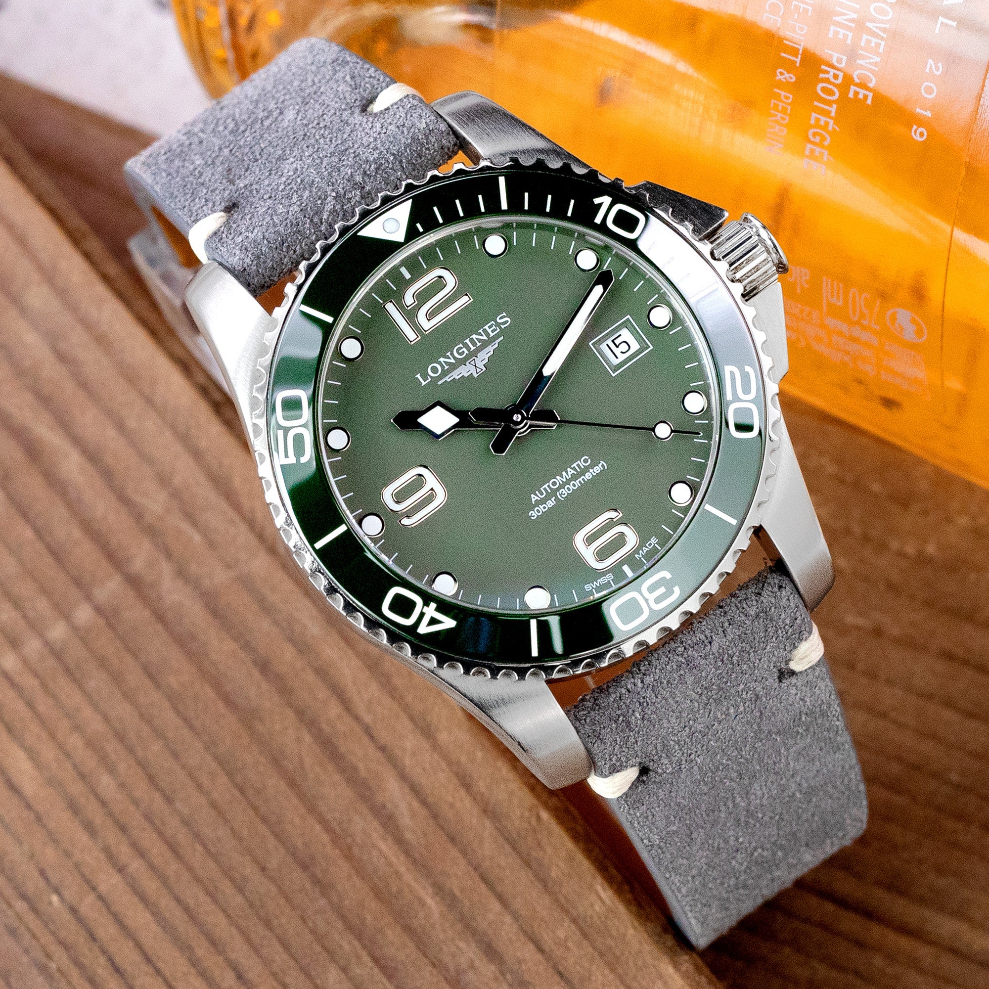 Q.R. Grey Suede watch strap 19mm to 22mm Leather Watch Band Beige Stitch. Strapcode Watch Bands