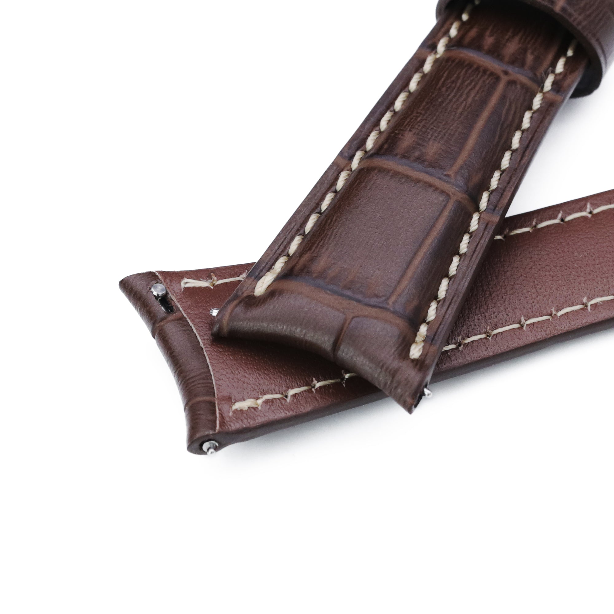 Q.R. 19mm or 21mm Dark Brown CrocoCalf (Croco Grain) Semi-Curved Watch Band, Beige Stitch. Strapcode Watch Bands