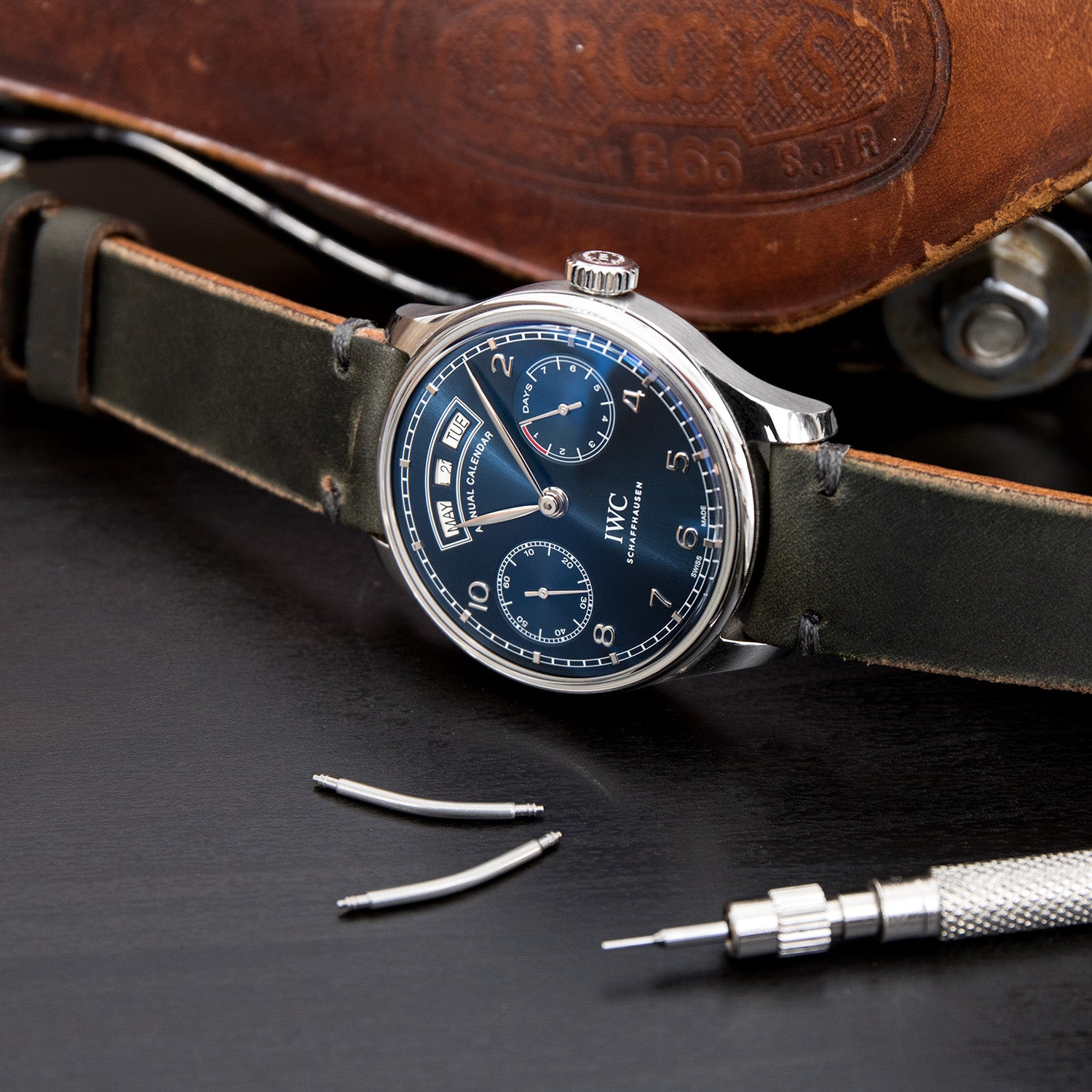 IWC Portuguese Annual Calendar Midnight Blue Dial IW503502  Italian leather watch band by Strapcode