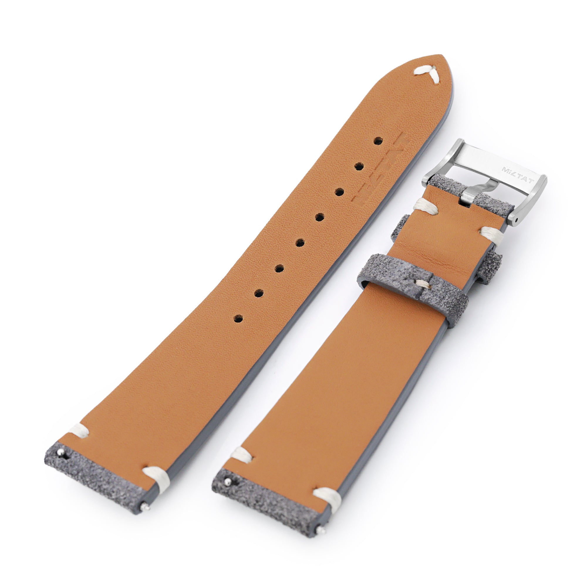 Q.R. Grey Suede watch strap 19mm to 22mm Leather Watch Band Beige Stitch. Strapcode Watch Bands