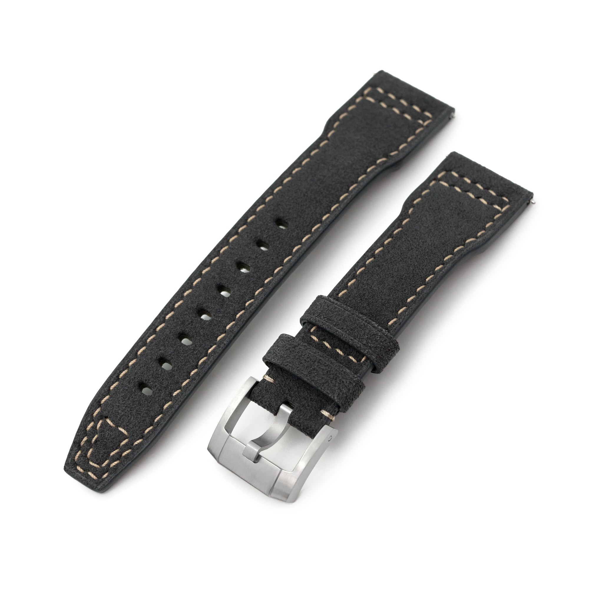 Charcoal Black Alcantara Fabric Quick Release Watch Band, Beige Stitching, 20mm, 21mm or 22mm Strapcode watch bands