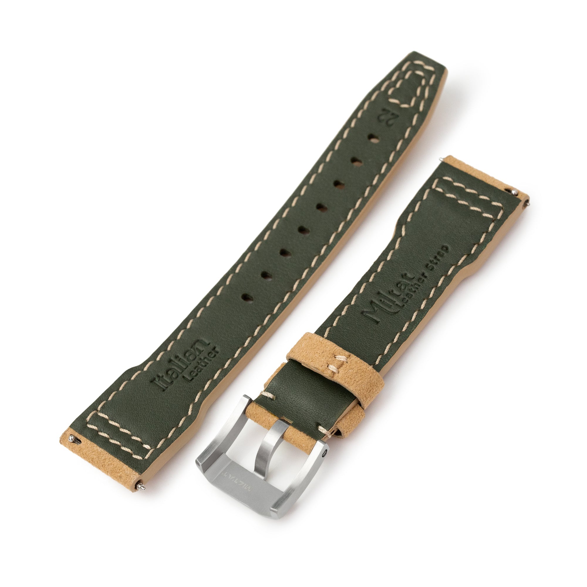 Khaki Alcantara Fabric Quick Release Watch Band, Beige Stitching, 20mm, 21mm or 22mm Strapcode watch bands