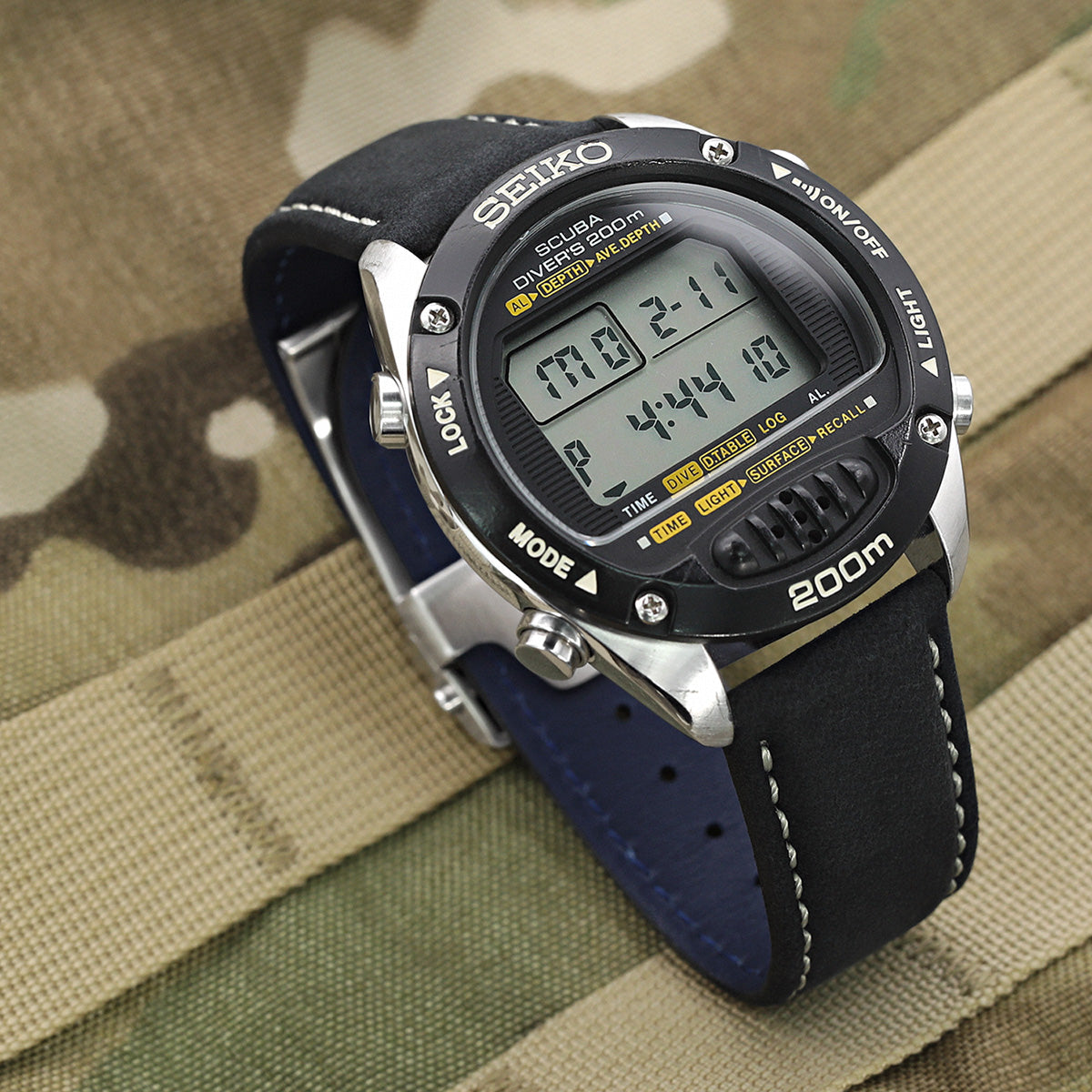 MiLTAT 22mm Matte Black Nubuck Leather Deployment Watch Strap, Beige Stitching Strapcode Watch Bands