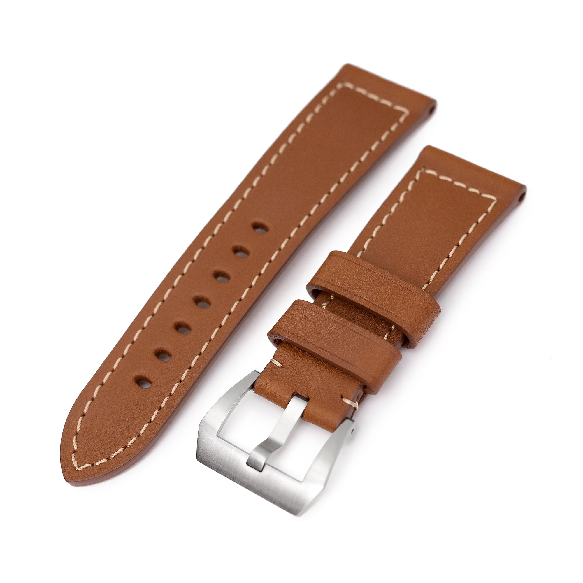 Pam Collection, Brown French Crafted Barenia Leather Watch Strap for Panerai, Beige Stitching Strapcode watch bands