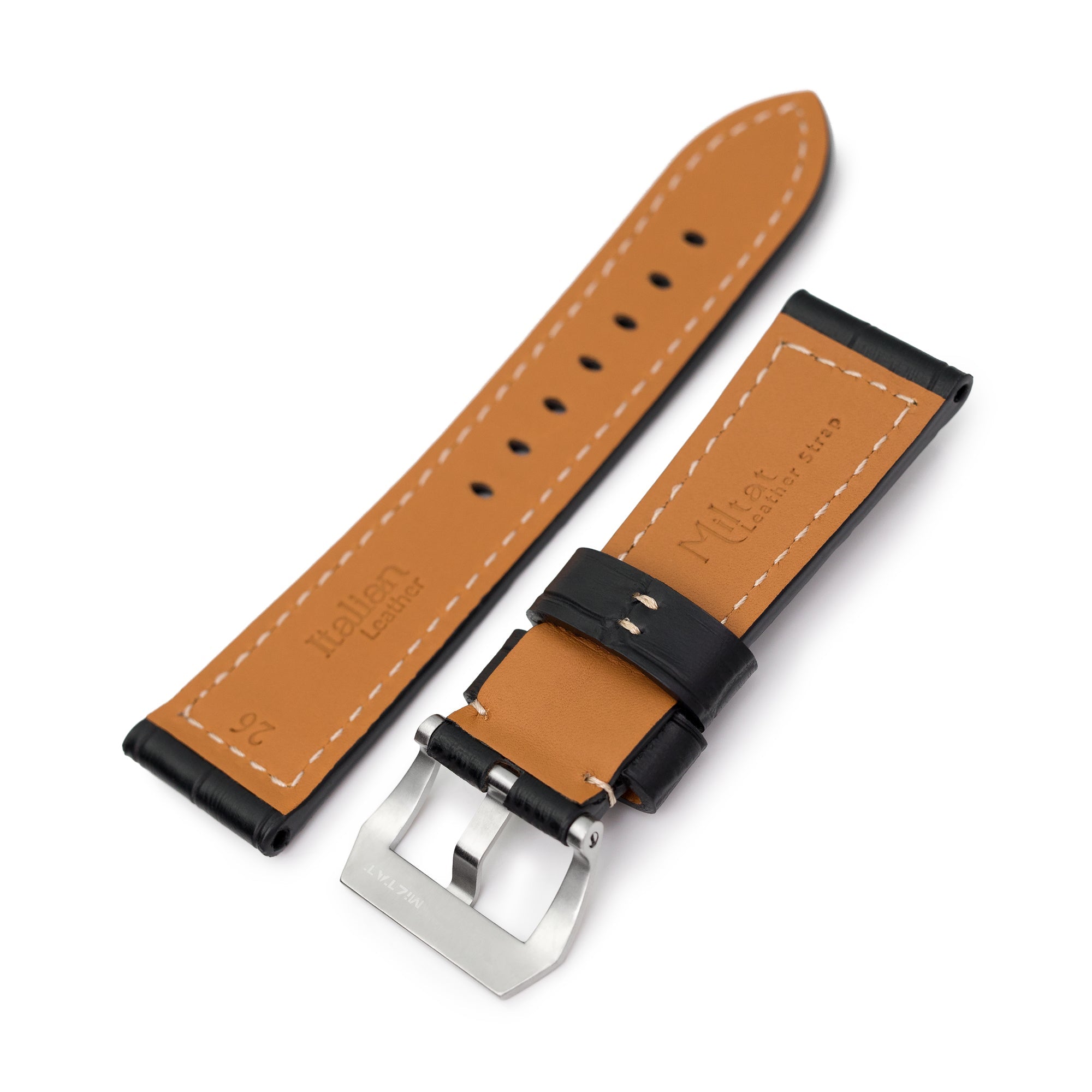 Pam Collection, Black Croco Grain Italian Leather Watch Strap for Panerai, Beige Stitching Strapcode watch bands