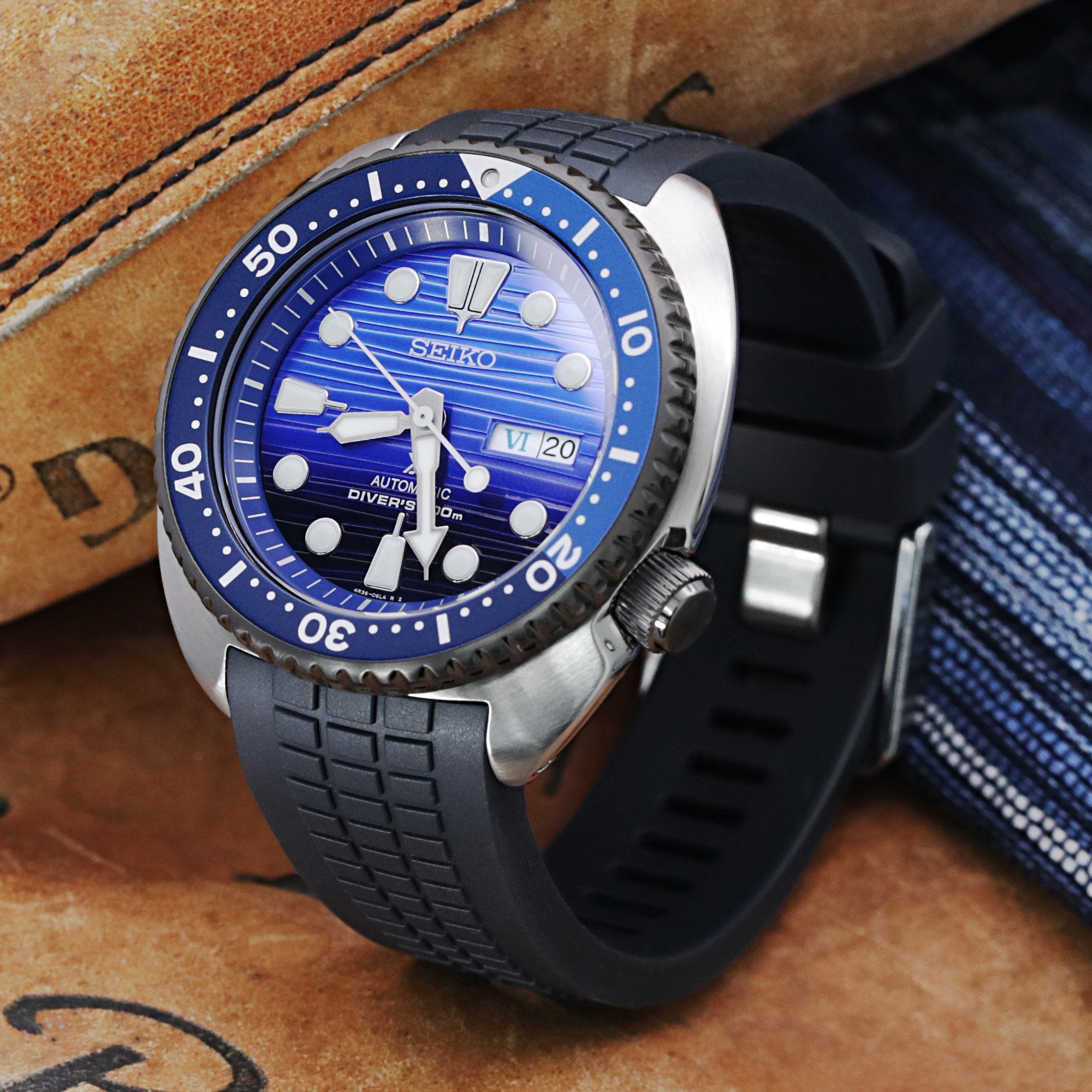 22mm Crafter Blue - CB12 Navy Blue Rubber Curved Lug Watch Strap compatible with Seiko new Turtles SRP777 Strapcode Watch Bands