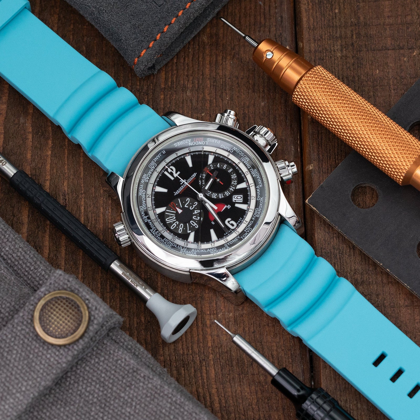 Q.R. Firewave Resilient Curved End FKM rubber Watch Strap, Sky Blue 22mm Strapcode watch bands